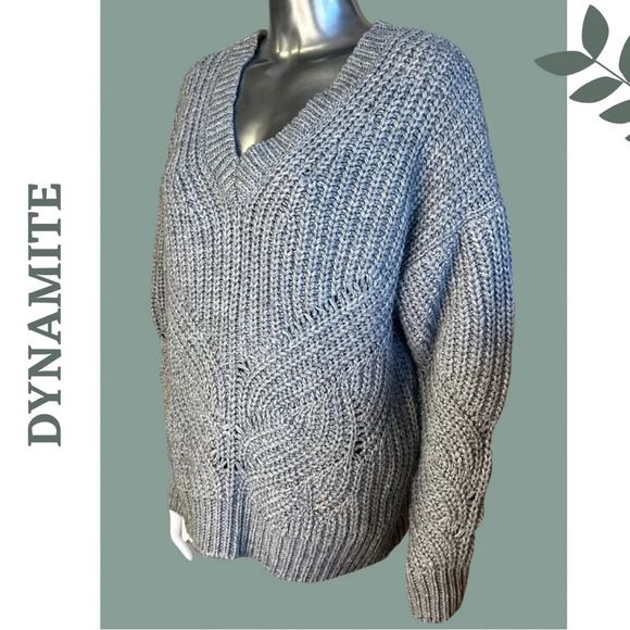 Dynamite Oversized Chunky Shaker Knit Grey Sweater V Neck Long Sleeve Sz Small - Picture 5 of 7